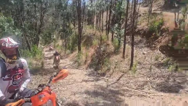 Piloti di enduro partono lungo un sentiero nel bosco vicino a Marmelete.