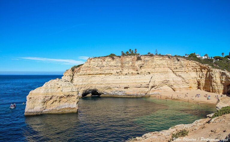 Praia do Carvalho, Algarve. A small cove behind a rocky entrance.