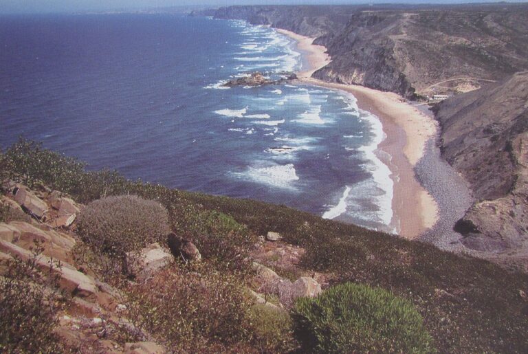 Praia do Castelejo, Algarve. Dark cliffs and a sweeping bay.
