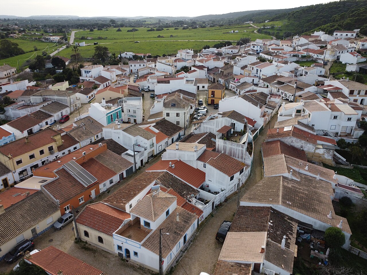 An aerial view of the houses and church in Barão de São João.