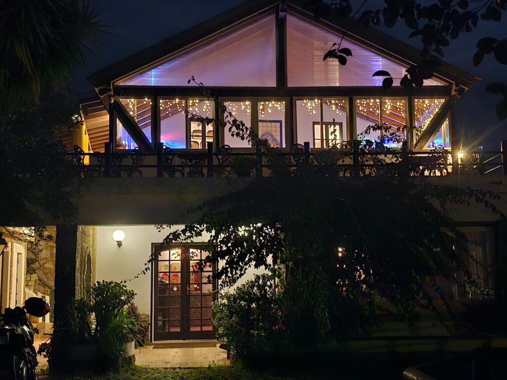 Bica Boa in Monchique lit up at night.