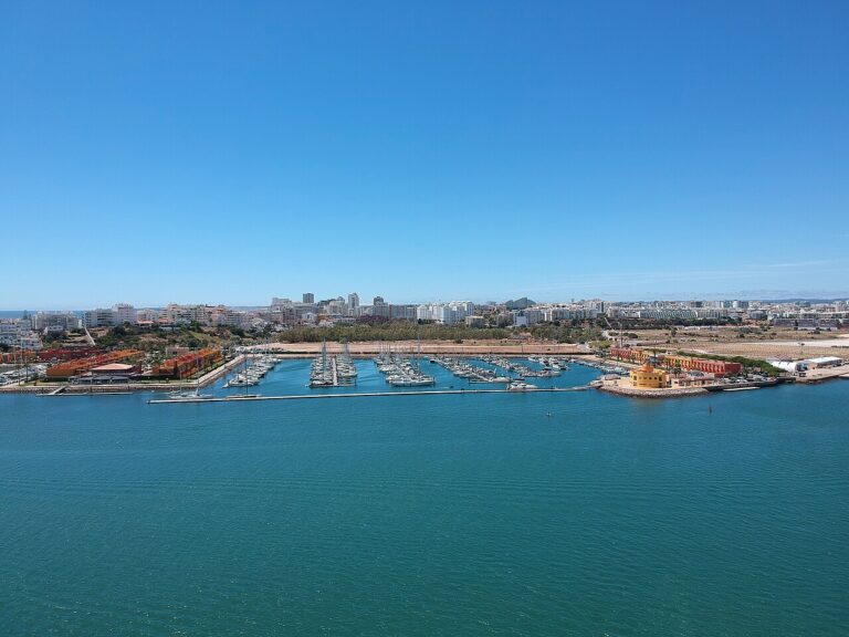 Aerial view of Marina de Portimão beside the Arade estuary, Algarve.