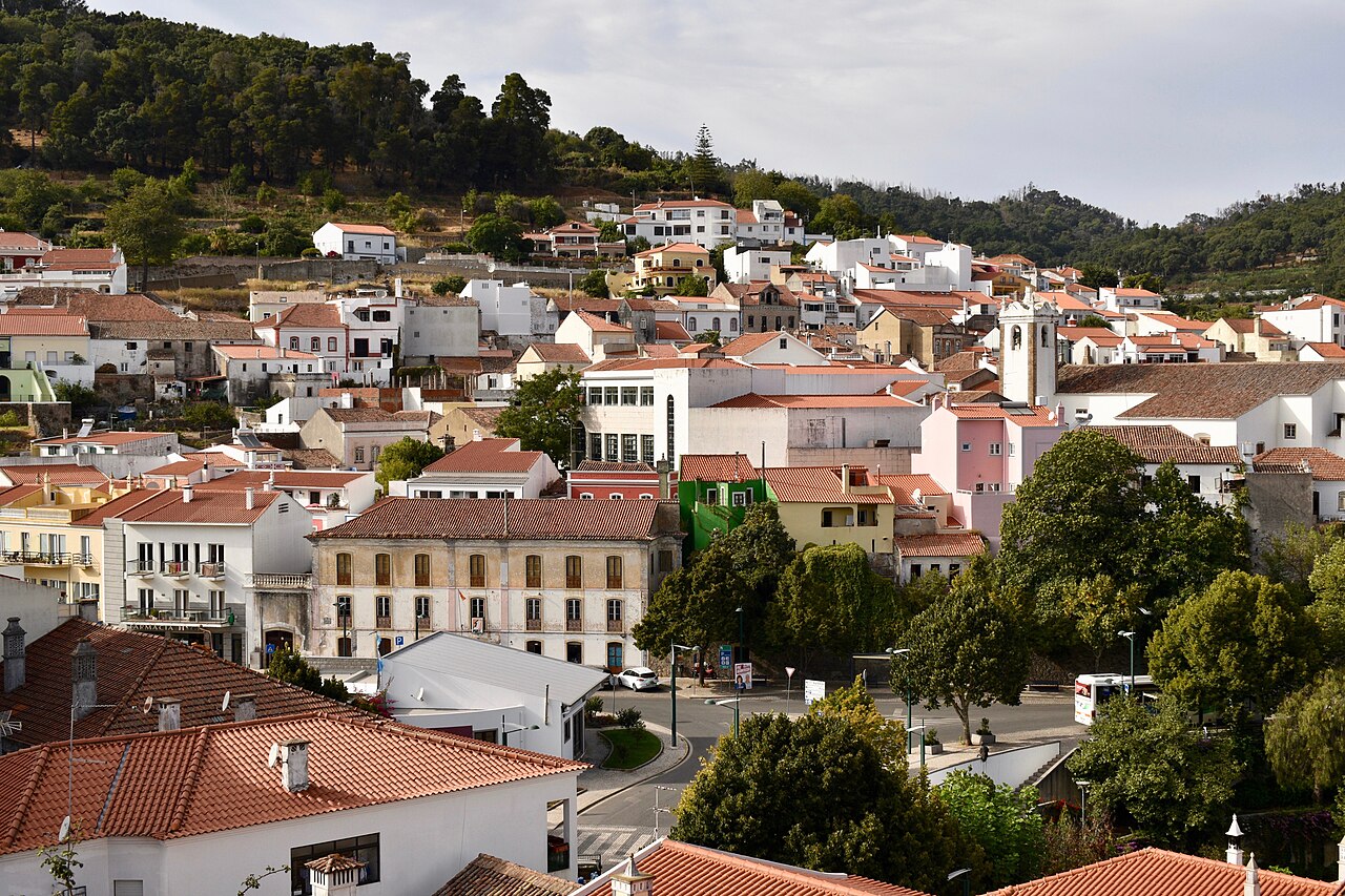 The historic centre of Monchique, with red tiled roofs below wooded hills.