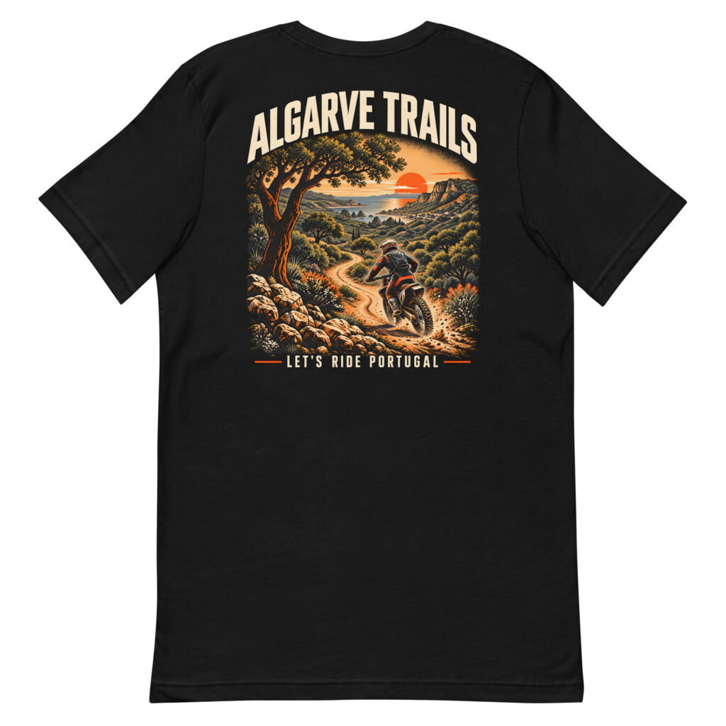Algarve Trails T-shirt in black, back view with large Algarve Trails print